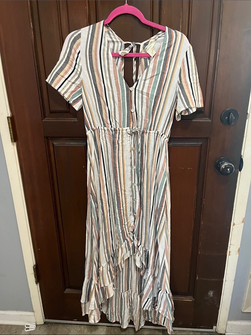 Saltwater Luxe Striped V-Neck Button-Front Maxi Dress in Multi-Color